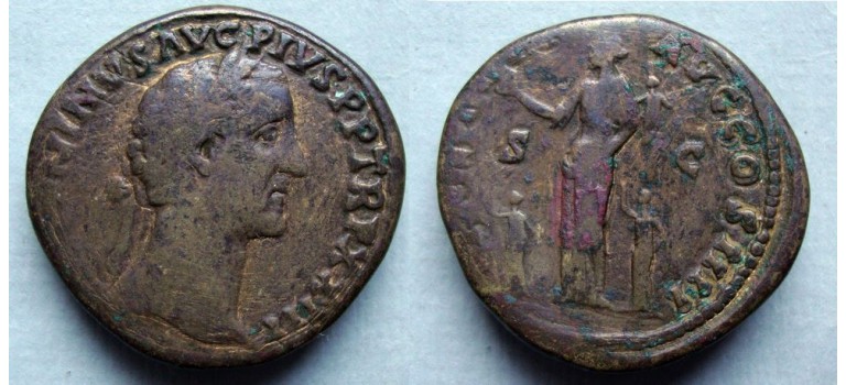 Antoninus Pius - Dupondius Pietati reverse Faustina with children (D20138)