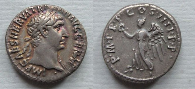 Trajanus- denarius Victoria gouden toning!   (N2020)