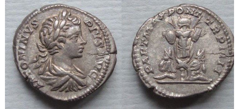 Caracalla -  Denarius Trophy flanked by captives! (N2046)