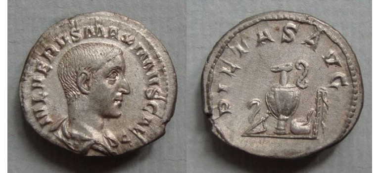 Maximus - PIETAS denarius aEF and rare! (S1934)
