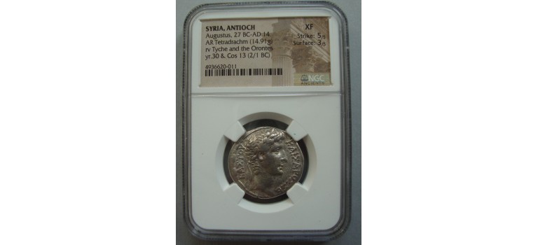 Augustus - Tyche and Orontes Tetradrachm NGC-slab! (AP2037)