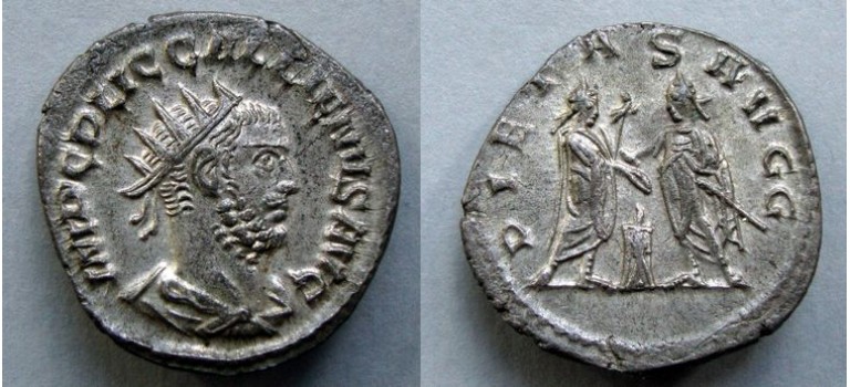 Gallienus  -  keerzijde met zijn vader Valerianus PIETAS AVGG! (ME2123)