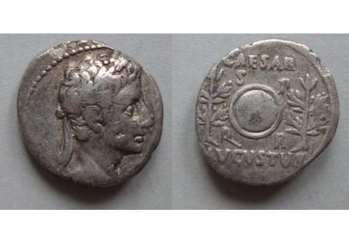 Augustus - denarius Clipeus Virtvtis tussen lauriertakken R3 zeer zeldzaam! (ME2146)