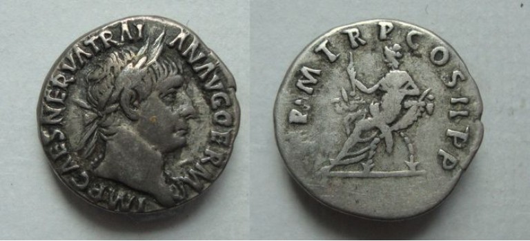 Trajanus - denarius Abundantia first coin RIC 1 (AU2120)
