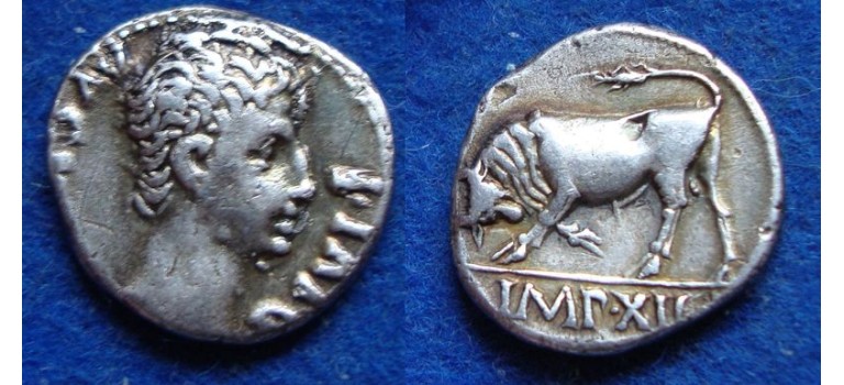 Augustus - denarius stier naar links zeer zeldzaam (D1853)