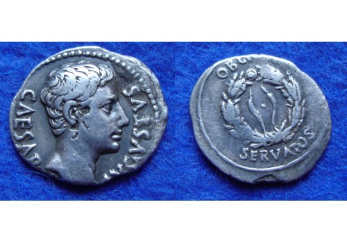 Augustus - denarius BURGERKROON zeer zeldzaam (F1818)