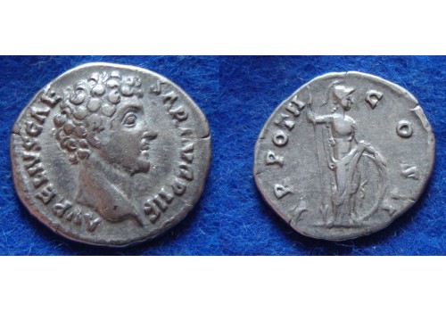 Marcus Aurelius - Minerva denarius, jong portret (AU1715)