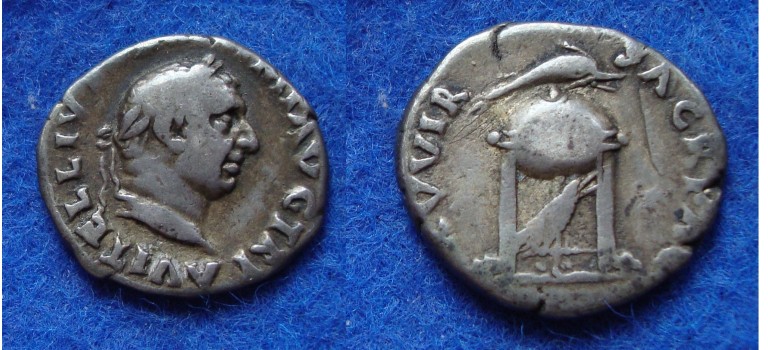 Vitellius - denarius driepoot met dolfijn en raaf zeldzaam! (Ap1731)