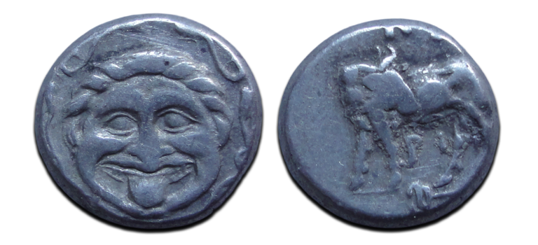 GRIEKSE MUNTEN - Gorgoneion met stier hemidrachme!  (AP26127)