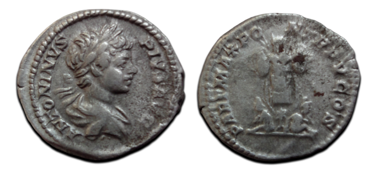 Caracalla - Denarius trofee met 2 gevangenen (AP26149)