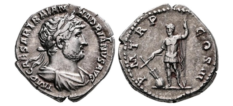 Hadrianus  - Keizer met roer denarius mooi portret ZELDZAAM!  (AP2661)