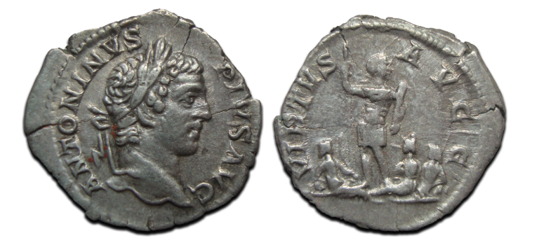 Caracalla - denarius Britse riviergoden  interessante keerzijde! (AU2535)
