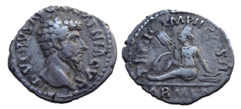 Lucius Verus - denarius herovering van Armenië, historisch ex Elsen! (AU2570) Lucius Verus - denarius herovering van Armenië, historisch ex Elsen! (AU2570)
