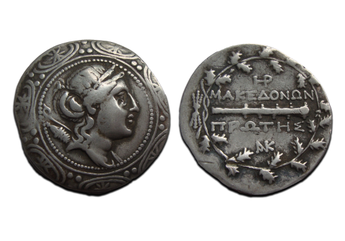 Griekse munten - zilveren tetradrachme met Macedonisch schild ZEER ZELDZAAM! (AU2580)