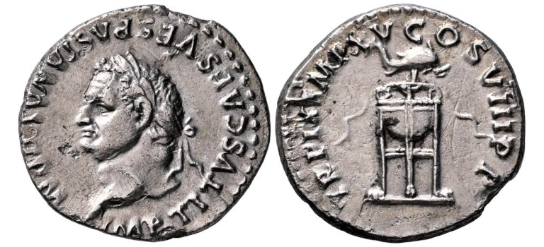 Titus - Driepoot met dolfijn denarius zeldzaam (AU2699)
