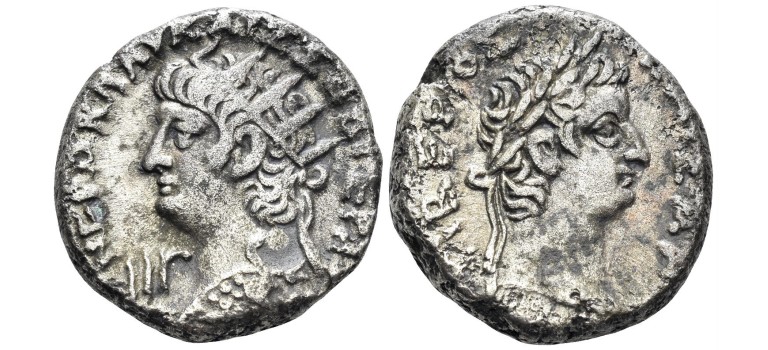 Nero - zilveren Tetradrachme met Tiberius! (F26135)