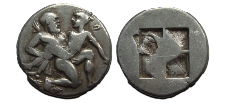 Greek coins - AR STATER Satyr take nymph (JA25109)