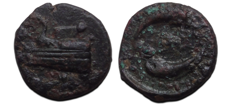 Griekse munten  -   Megara oorlogsschip en dolfijnen (JA26119)