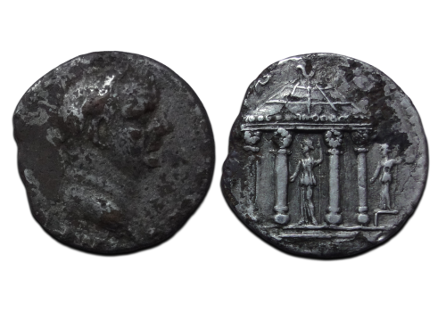 Vespasianus - fourree denarius Tempel van Vesta uniek! (JA2648)
