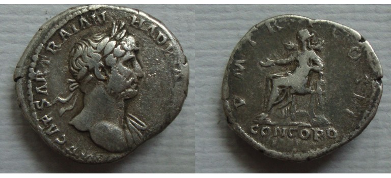 Hadrianus  - CONCORDIA denarius heroische buste eerste regeringsjaar!  (JUL2281)