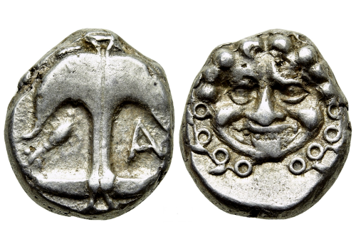Greek coins - Gorgoneion with anchor (JUL2463)