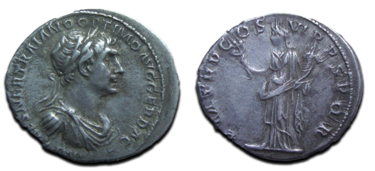 Trajanus - FELICITAS denarius, military bust! (JUL2521)