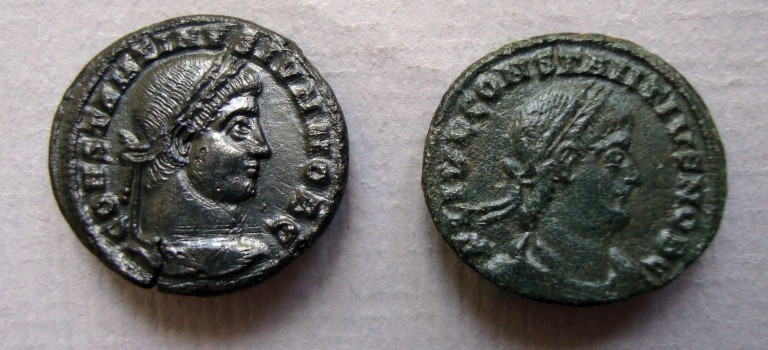 2  romeinse munten: Constantinus II en Constantius II  (JUN2267)