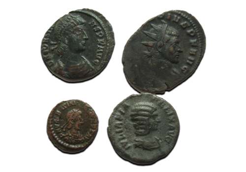 4 x roman coins:  Julia Domna, Claudius II, Valentinianus II, Constans (JUN03)