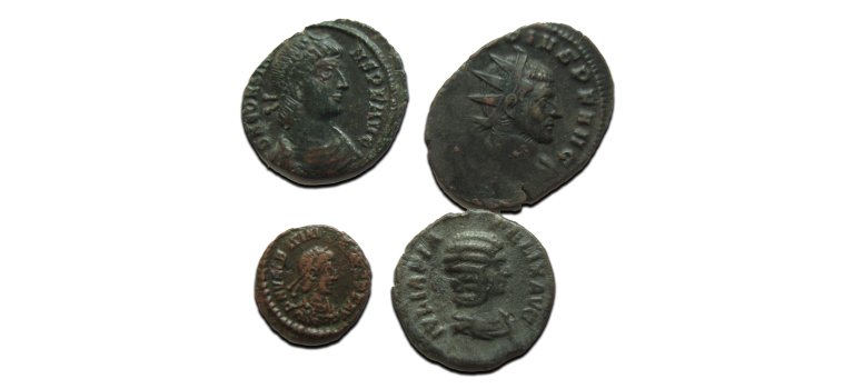 4 romeinse munten:  Julia Domna, Claudius II, Valentinianus II, Constans (JUN2503)