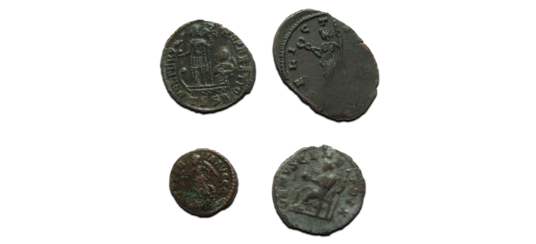 4 romeinse munten:  Julia Domna, Claudius II, Valentinianus II, Constans (JUN2503)
