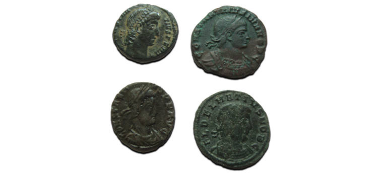4 romeinse munten: Constantius II (2x), Delmatius, Constantinus II (JUN2273) 4 romeinse munten: Constantius II (2x), Delmatius, Constantinus II (JUN2273)