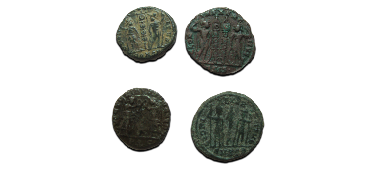 4 romeinse munten: Constantius II (2x), Delmatius, Constantinus II (JUN2273) 4 romeinse munten: Constantius II (2x), Delmatius, Constantinus II (JUN2273)