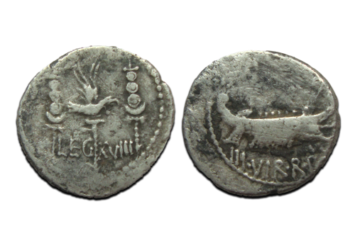 Marcus Antonius - denarius Galei en standaards LEG XVIII (JUN25131)