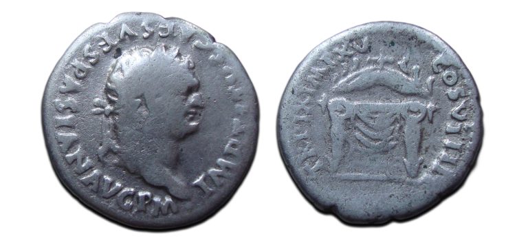 Titus -  denarius Gedrapeerde troon. Pompeii! (JUN2582)