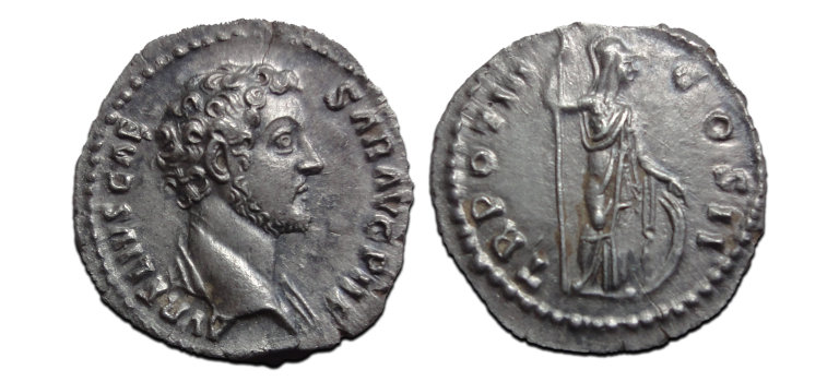 Marcus Aurelius - Minerva denarius, jong portret, MOOI!  (JUN2625)