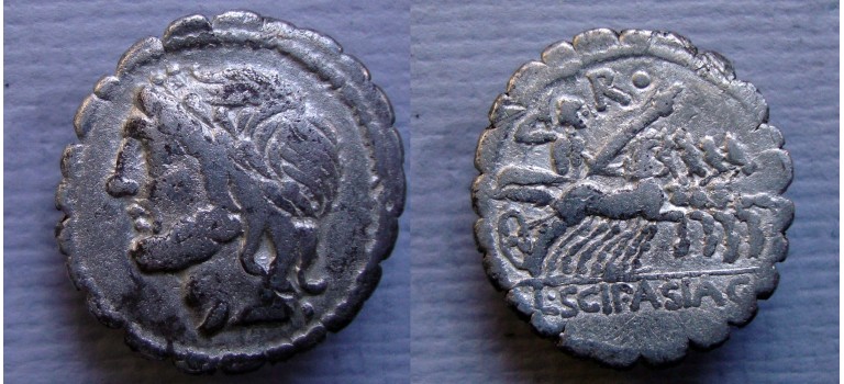 Romeinse republiek - serratus denarius L. Scipio Asiagenus 106 voor Christus (ma2181)