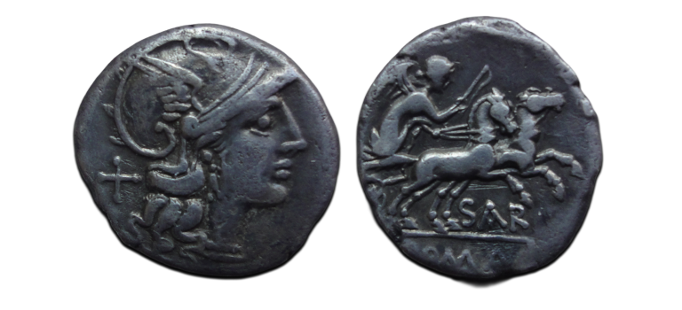 Romeinse republiek - denarius Atilius Saranus 155 v. Chr. (ME2642)