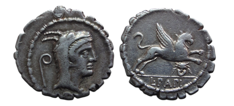 Romeinse republiek - denarius L. Papius keerzijde griffioen 79 v. Chr. (ME2643)