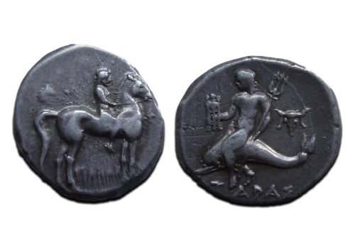 Greek coins -Tarentum Phalantos on a dolpin 272 BC (N2427)