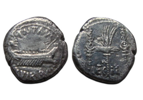 Marcus Antonius - denarius Galei en standaards! LEG II (N2586)