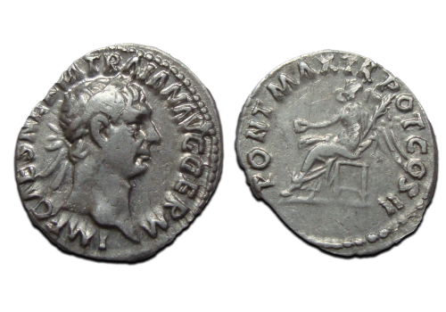 Trajanus- denarius Victoria vroeg portret (O254)