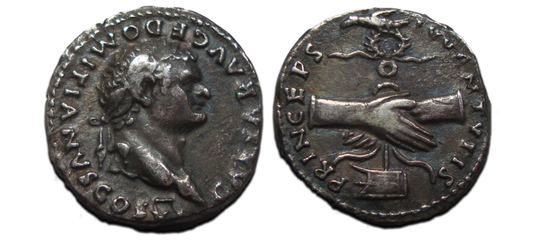 Domitianus - denarius Princeps Ivvenvtis handdruk (O2576) Domitianus - denarius Princeps Ivvenvtis handdruk (O2576)