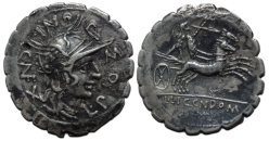 Romeinse Republiek -  denarius L. Pomponius 118 v. Chr. (O2689)