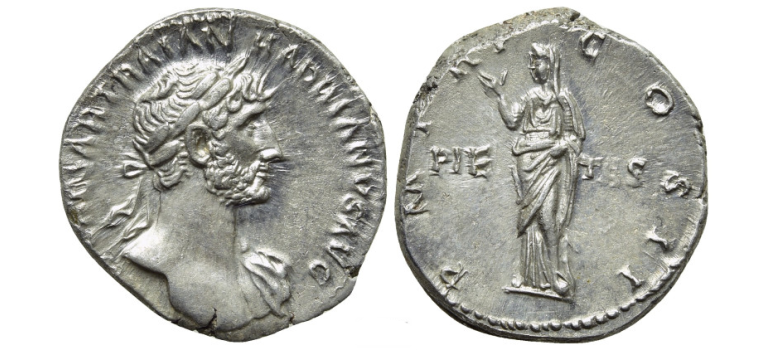 Hadrianus  -  Pietas denarius, zeldzaam portret (S25107)