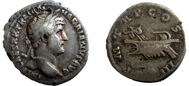 Hadrianus  - Denarius Galjoen reis-serie eerste tocht (D21144)