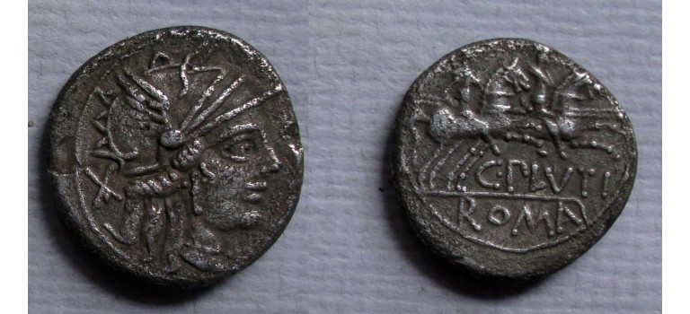 Romeinse republiek - denarius  Caius Plutius Dioskouren 121 v. Christus  (O2271)