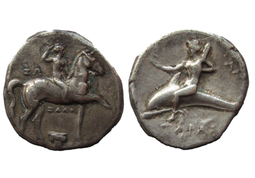 Greek coins -Tarentum Phalantos on a dolpin 280 BC (AP2367)
