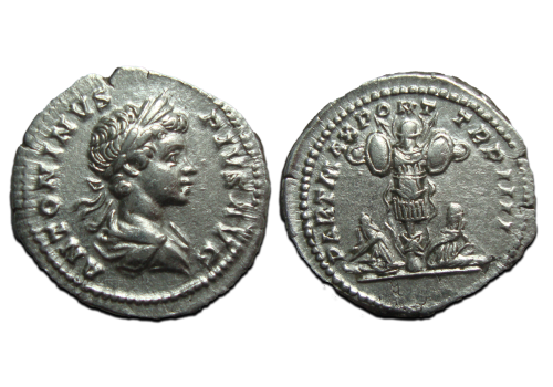Caracalla - Denarius trofee met 2 gevangenen PRACHTIG! (AP2427)