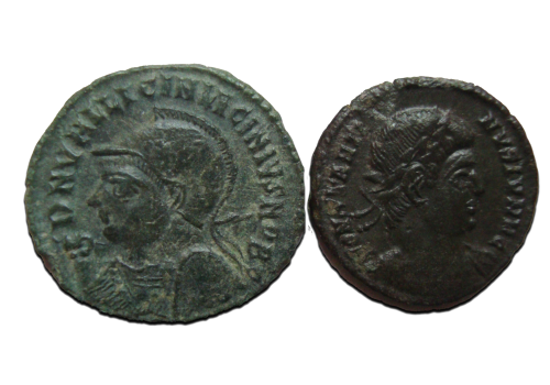 2  romeinse munten: Licinius II en Constantinus II (D23130)