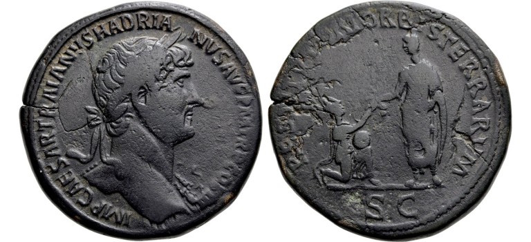 Hadrianus  - Sestertius RESTITVTORI ORBIS TERRARVM zeer zeldzame bustetype (F2322)